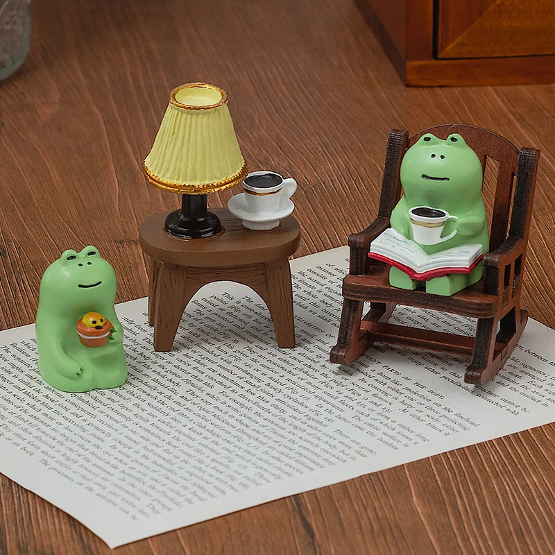 Cute Healing Small Decoration Cute Mini Frog Resin Figurine Rocking Chair Design with Book Coffee Home Bedroom Office Decoration - view 4
