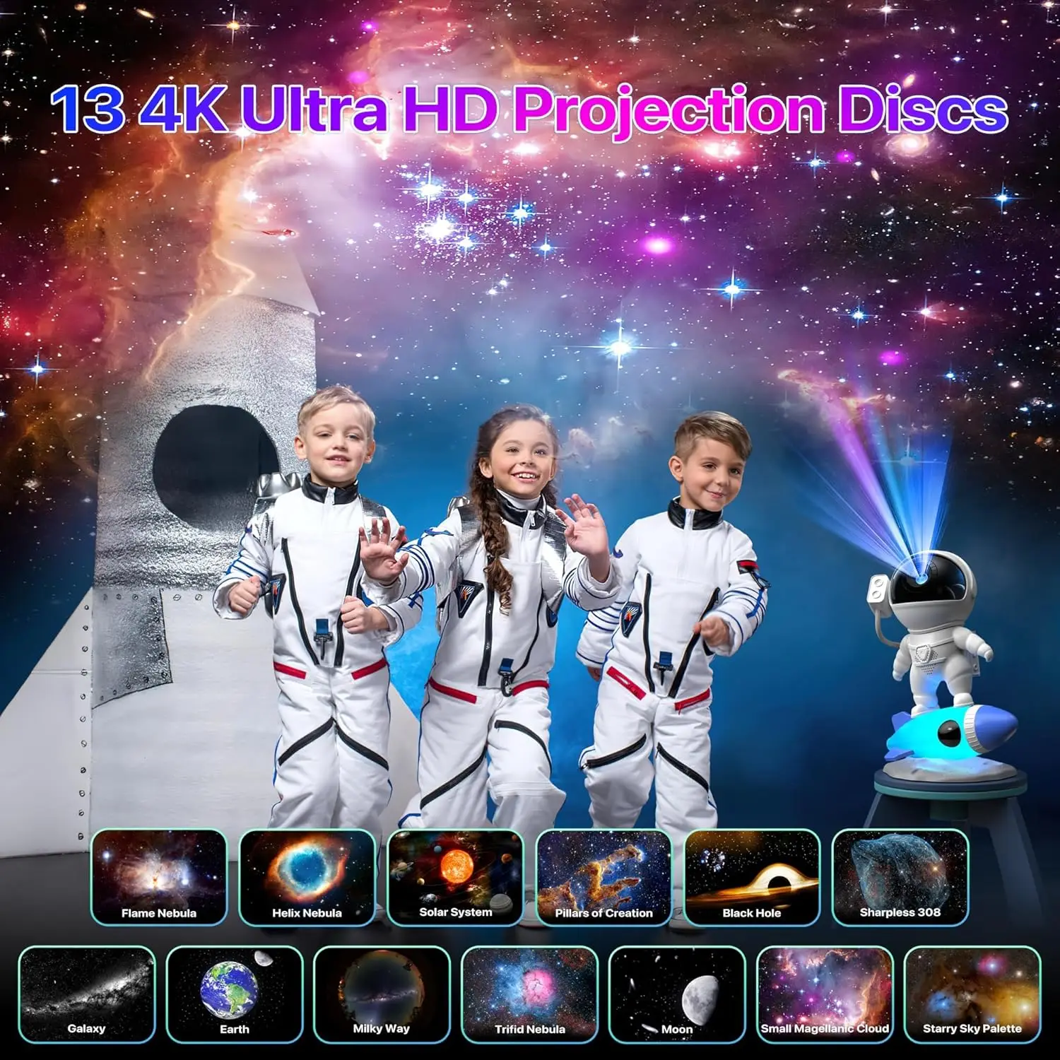 Imagem -02 - Foguete Astronauta Projetor Planetário Night Light Sky Projetor Rotação 360 ° Galaxy Lamp For Bedroom Decoration Kids Gift