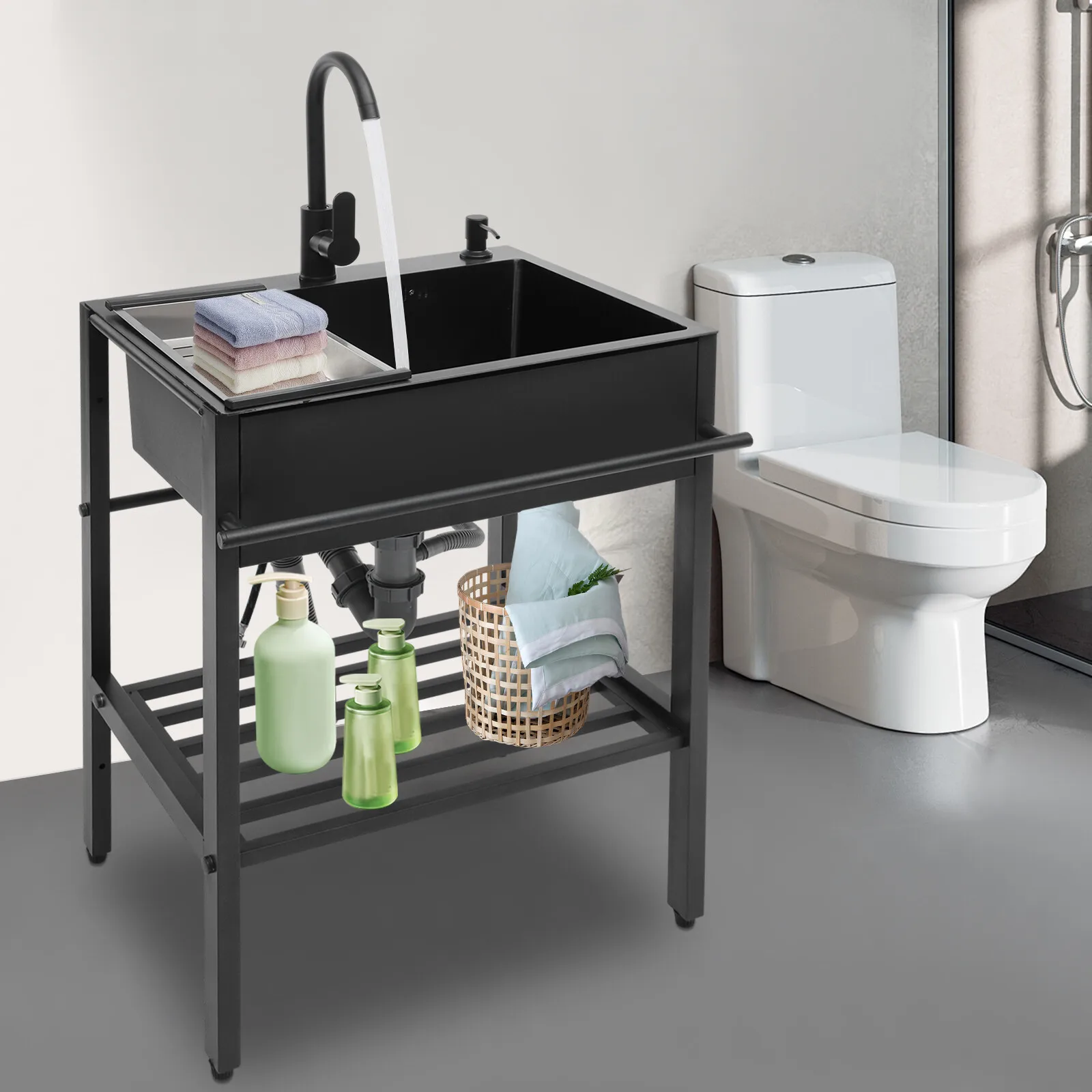 

Easy-Clean Black Freestanding Sink - X-Shaped Water Lines&Overflow Holes, V-Type Drain Pipe&0.4In Adjustable Feet