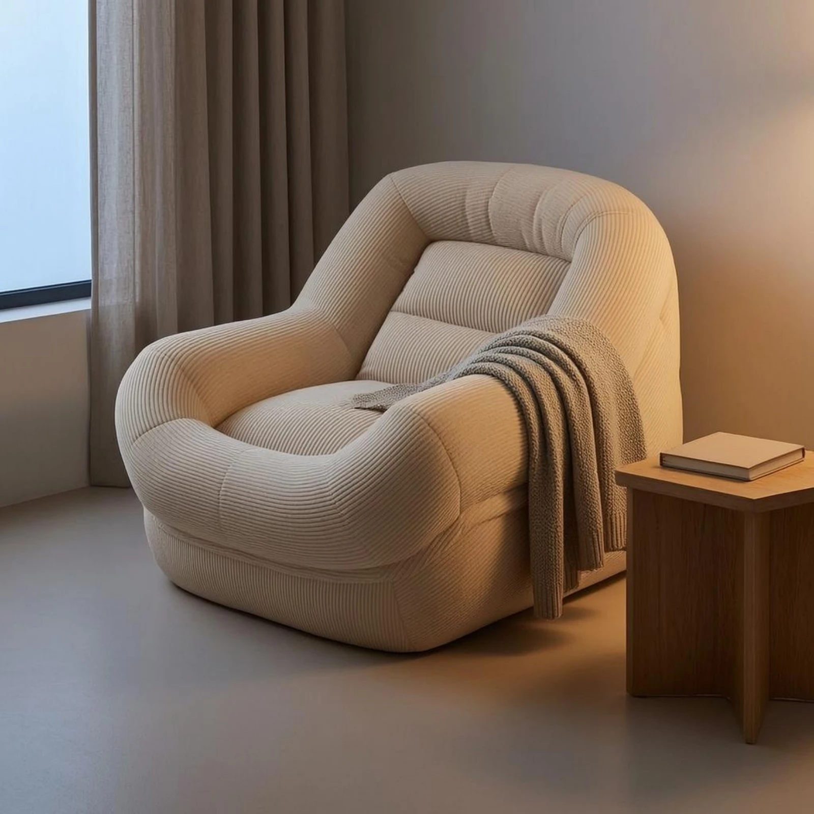 

Lazy Floor Sofa Chair Curved Armrests Barrel Floor Chair Seating Ribbed Furniture Cushioned