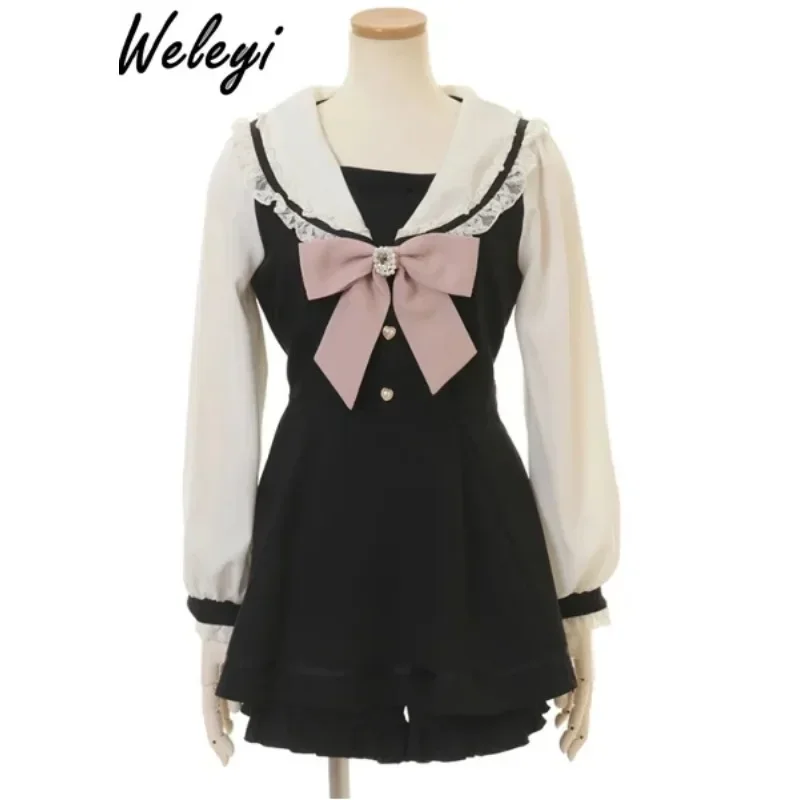 Kawaii Jirai Kei Skirt Suit Damski 2024 Summer Sweet Cute Streetwear Sailor Collar Bow Bandage Top Plisowane szorty Dwuczęściowy zestaw