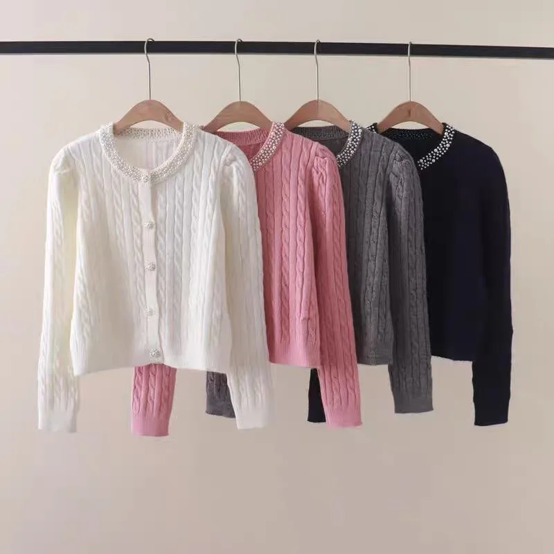 Pearl Beading Sweater Women's Coat Autumn Winter 2024 New Korean Fashion O-Neck Long Sleeve Twists Knitted Cardigan Jacket Tops