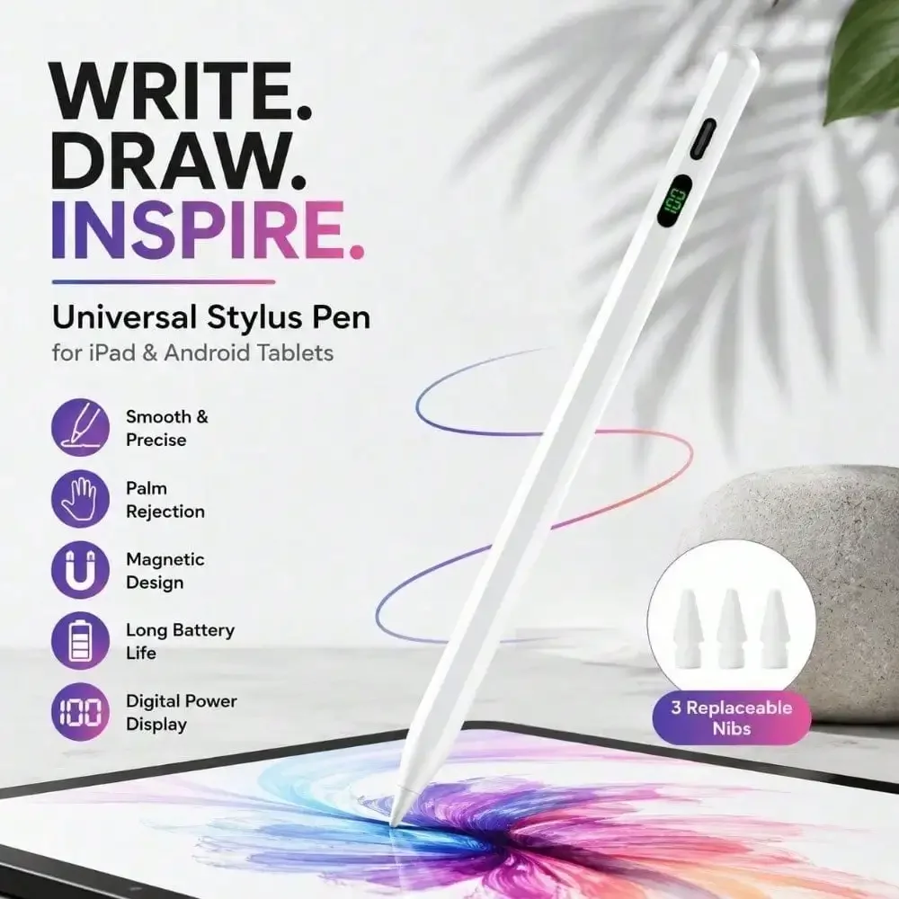 Stylus Pen for iPad, Palm Rejection & Tilt Sensitivity, Magnetic Wireless Charging with LED Display, Dual OS Active Pencil Compatible with iPad Pro/Air/Mini, Samsung Galaxy Tab, Android Tablets (Apple Pencil Replacement, 2018-2025)