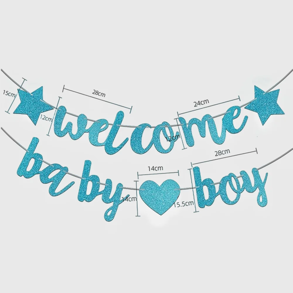 1 Set of Welcome Baby Boy One-year-old Glitter Letter Conjoined Flag Baby Gender Reveal Party Decoration Gift