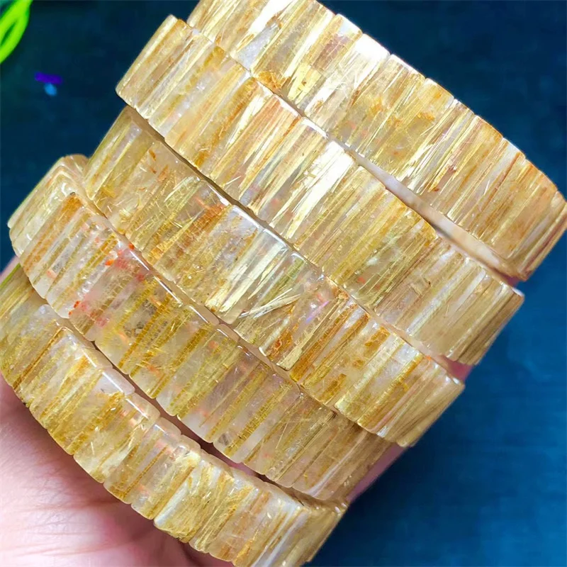 Natural Gold Rutilated Bangle For Women Men Gift Crystal Beads Gemstone Strands Jewelry 1PCS 4X12MM