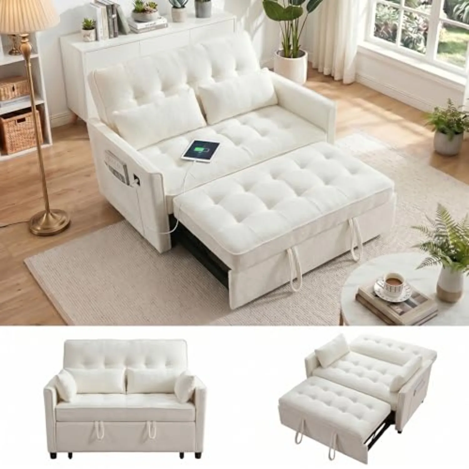 55'' 3 in 1 Convertible Sofa Bed with USB Charging Ports, Pull Out Couch with Adjustable Backrest and Side Pockets