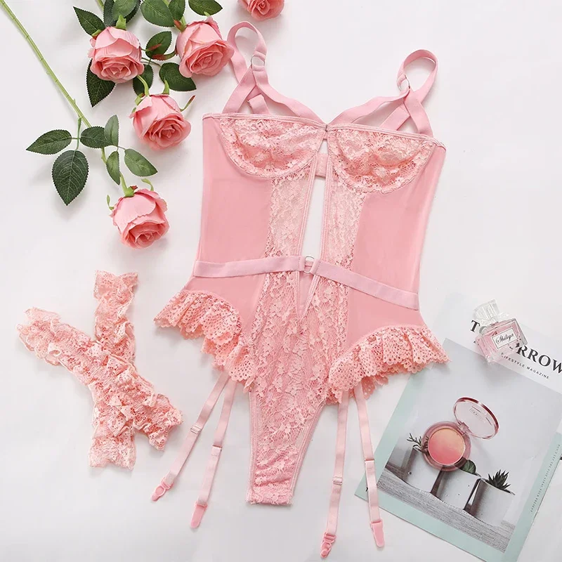 Porn Pink Lace Mesh Crotchless Bodysuit Women Floral Embroidery Transparent Bodies Sexy Lingerie for Sex Underwear