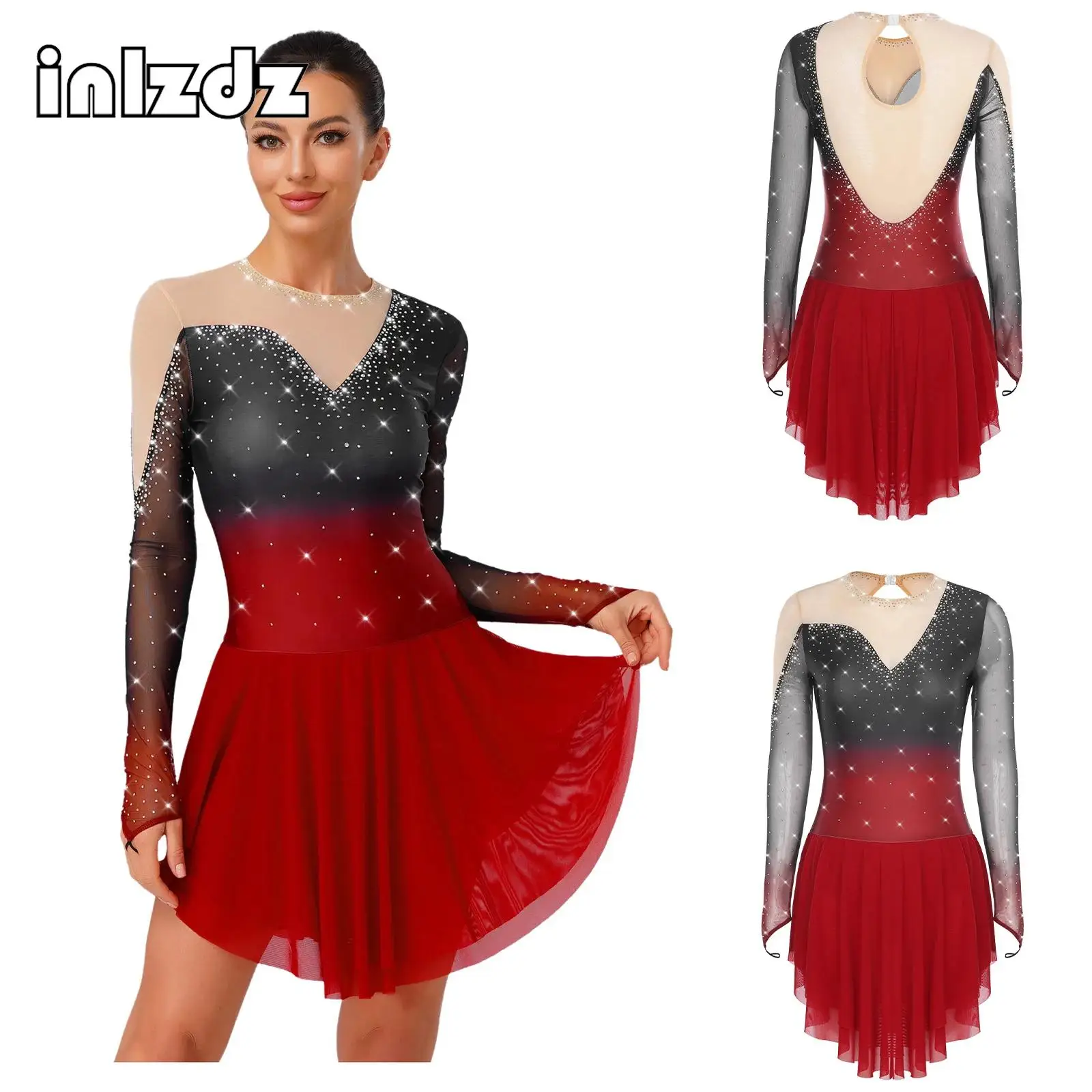 Abito da pattinaggio artistico lirico scintillante da donna, slip incorporati in rete irregolare, abito sfumato, performance di ginnastica, abbigliamento attivo