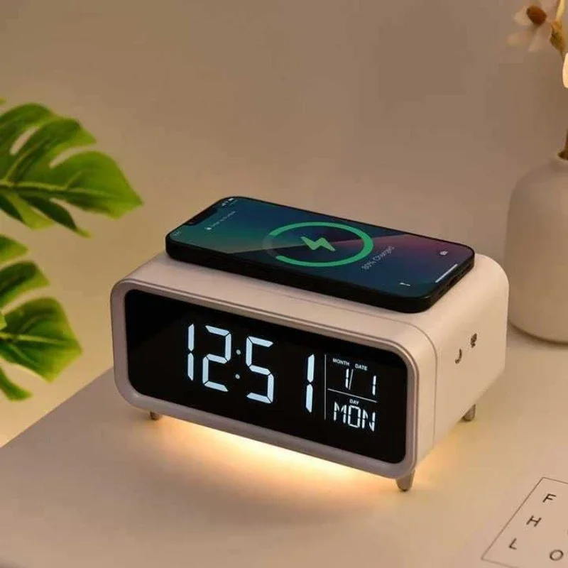 Desktop clock alarm clock desk lamp multi-function mobile phone 10W wireless charging creative touch dimming night light