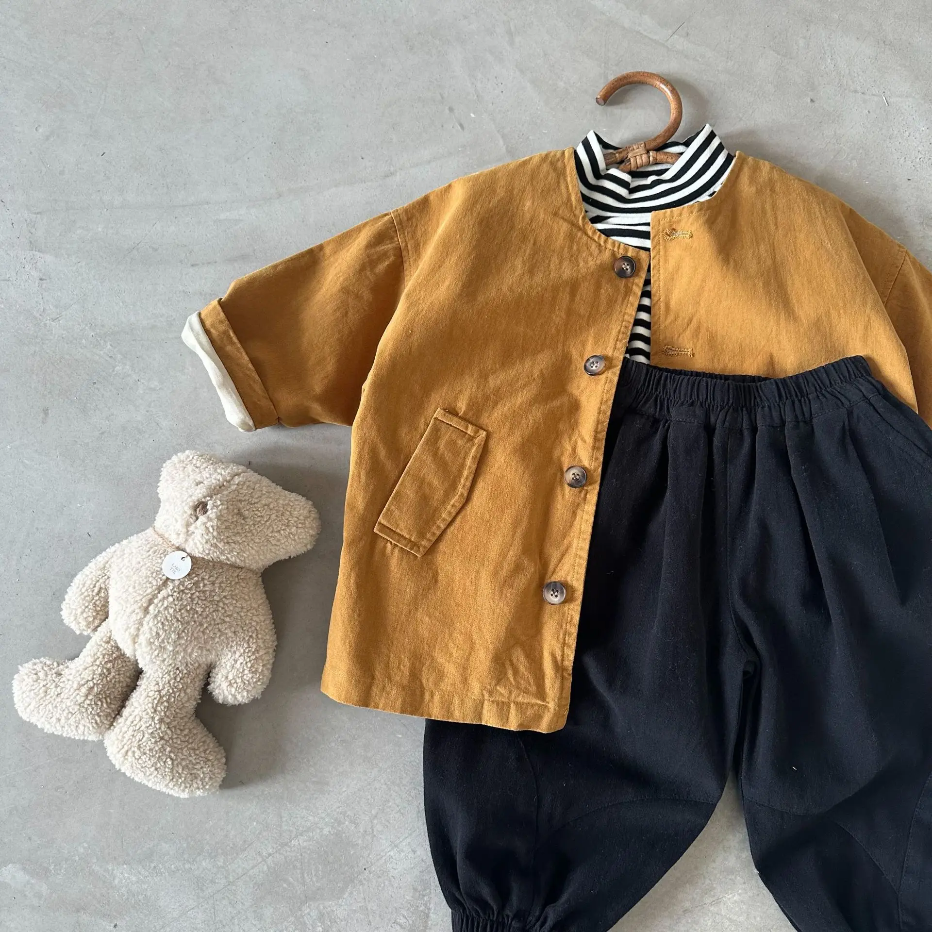 Coat Mid-length Tops Trendy Solid Color Crew Neck Coat Boys Grils Children Spring Autumn New Fashionable All-matching
