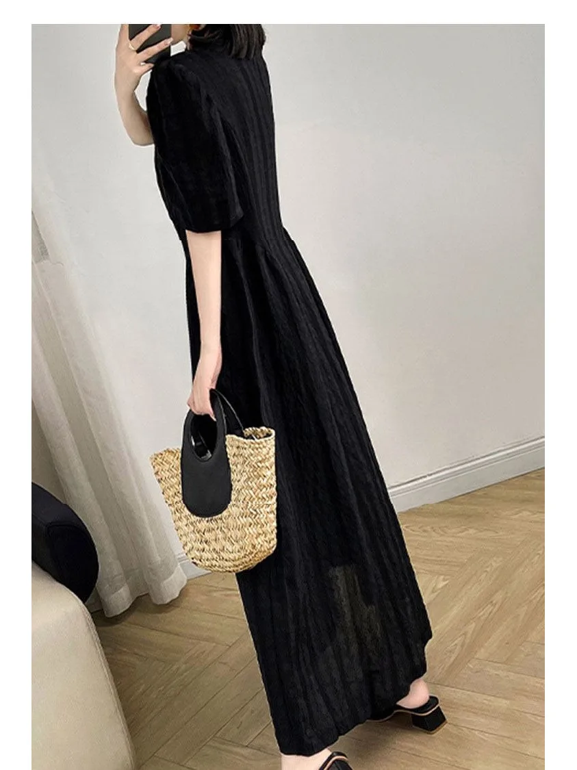 plus Size Summer Texture Dress Women Loose Belly Covering Long INS Style A-Line Skirt High Waist Short Sleeve Breathable Skin...