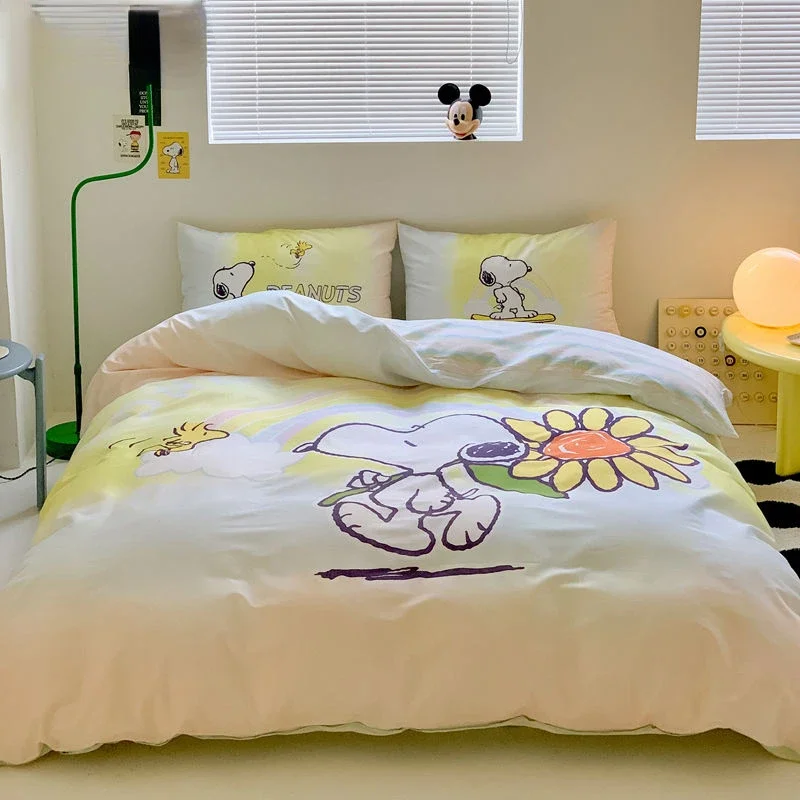 Snoopy student dormitory new cute cartoon digital printing pure cotton antibacterial bed sheet and quilt cover three-piece set