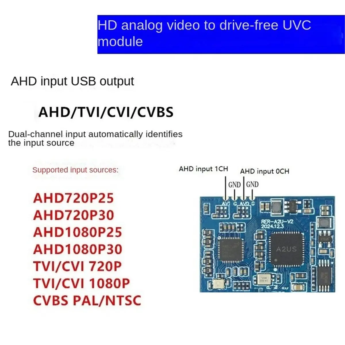 AHD to USB Module 1080P HD Analog Video to Driver-Free UVC Module Compatible with AHD/TVI/CVI/CVBS