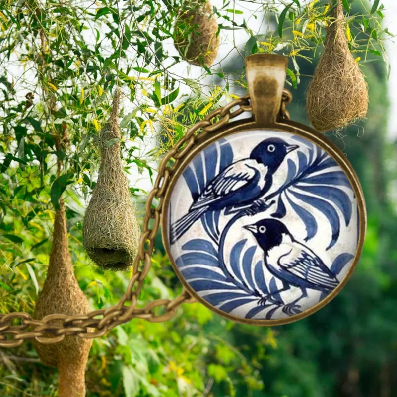 Round Bird Cat Dragonfly Fox Cabochon Glass Pendant Necklace For Women Girls Forest Animal Jewelry