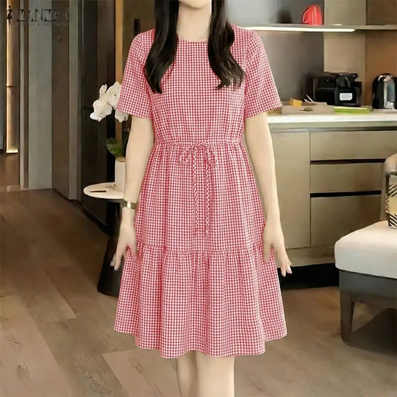 ZANZEA Women's Elegant Gingham Knee-Length Dresses O-Neck Short Sleeve Drawstring Waist A-Line Dress Summer Casual Robes Femme