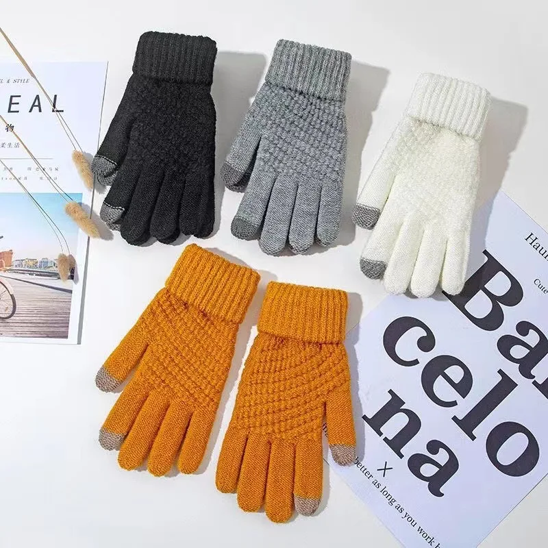 Guantes cálidos de invierno para hombre y mujer, manoplas de punto clásicas elásticas con pantalla táctil, guantes de conducción para ciclismo al aire libre con dedos completos