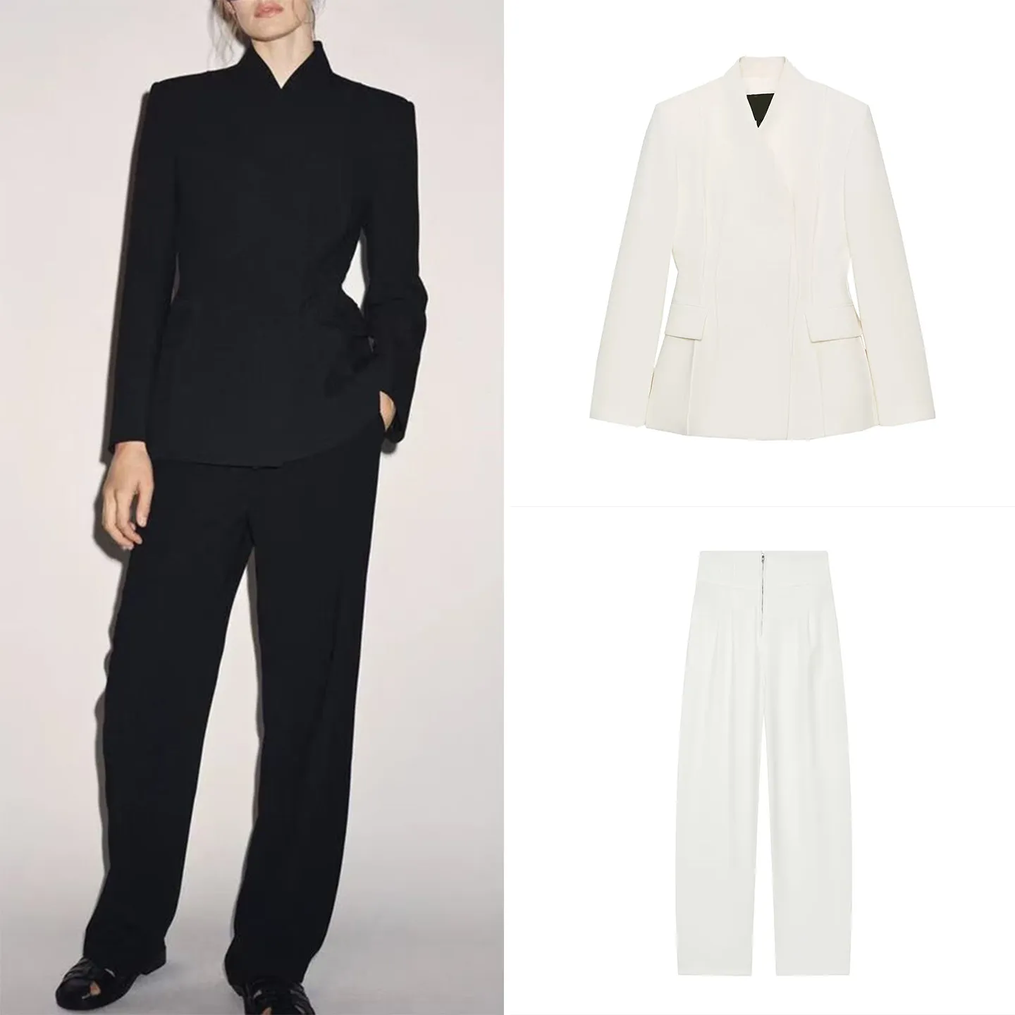 

Women's Slim Fit Long Sleeve V-Neck Suit Jacket High Waist Zipper Decorated Long Pants Fashionable Two-Piece Set Summer Wear