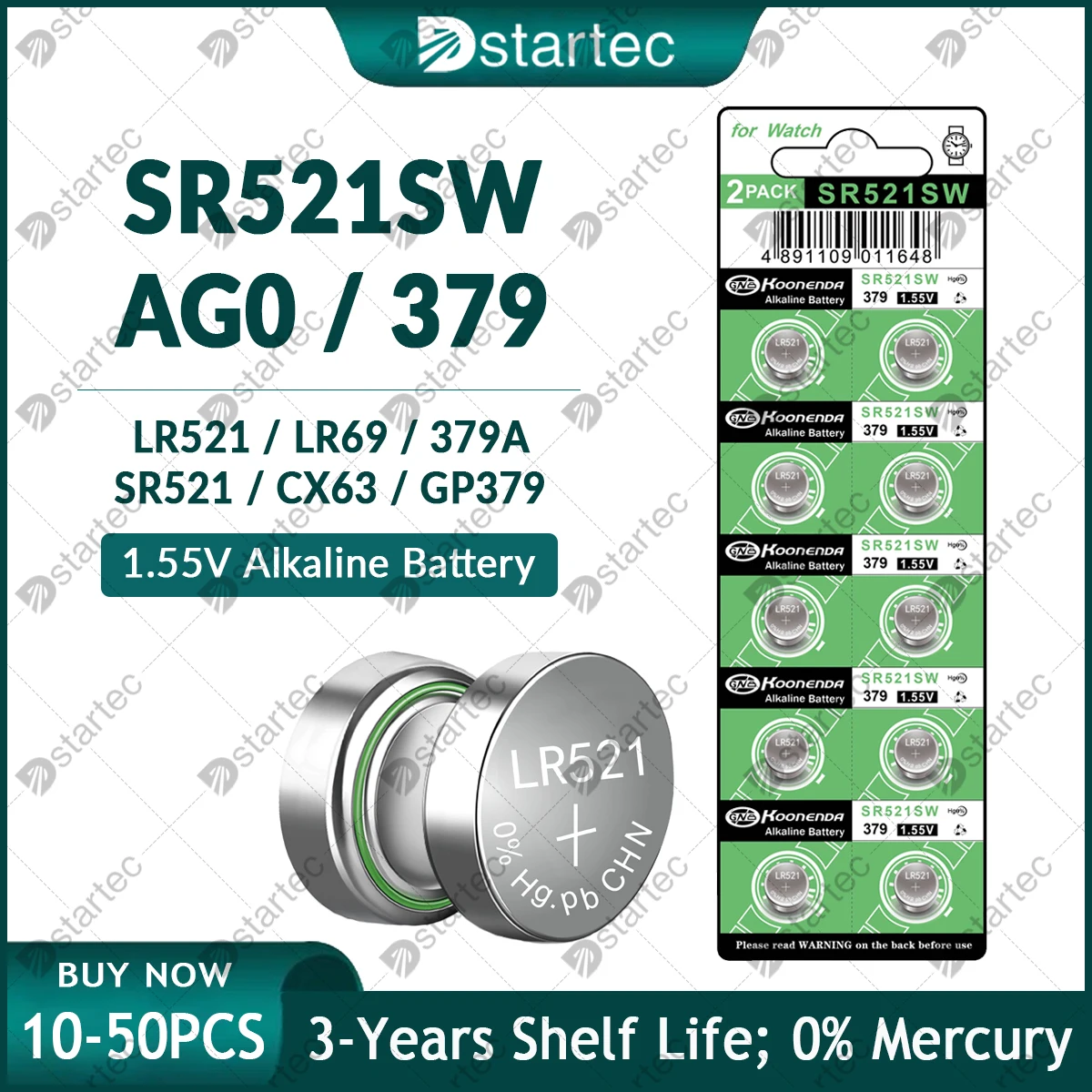 Koonenda LR521 AG0 1.55V Alkaline Button Battery SR521SW 379 SR521 179 SR63 Watch Battery Coin Cell for Keychain Flashlight Toys