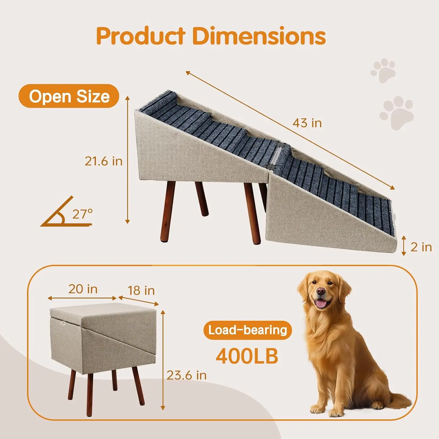 2-in-1 Dog Stairs for Bed and Couch, 21.6 Inch High,Foldable Ottoman with 6 Steps, Joint Relief for Small and Large Dogs (Beige
