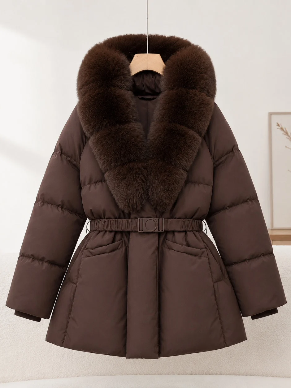 Thickened down Cotton Jacket Women's Mid-Length Coat Mom's Winter Warm Outerwear Ultra-Large Fur Collar Zipper Closure Long S...