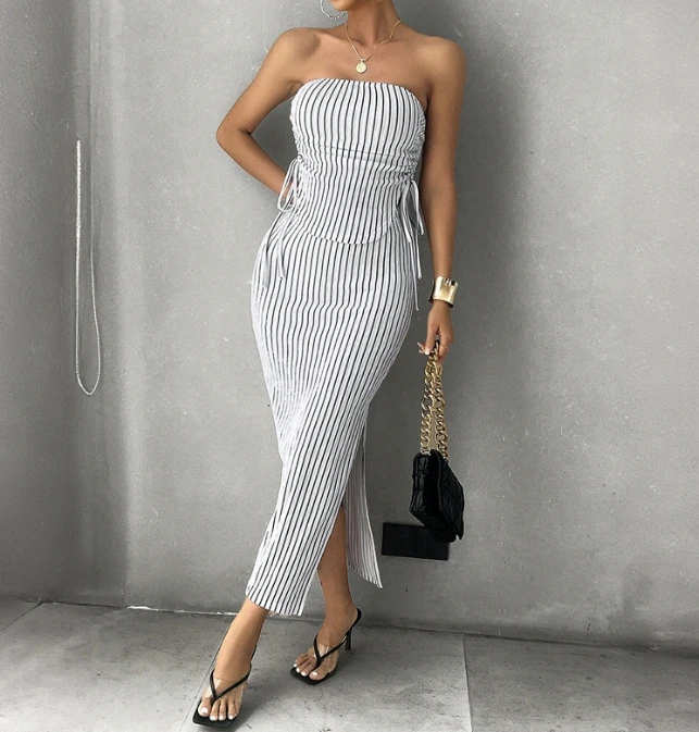 Shanxi Girls 2024 Popular Striped Temperament Drawstring Sleeveless Lace Up Clothes High Waisted Slit Long Skirt Set In Stock