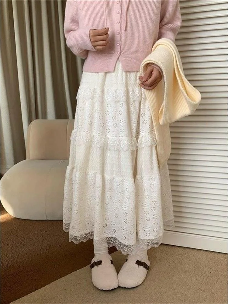 Spring Summer New Style Korean Design Lace Splicing Half Skirt Spring City Walk Polyester Batwing Shape Cake Skirt