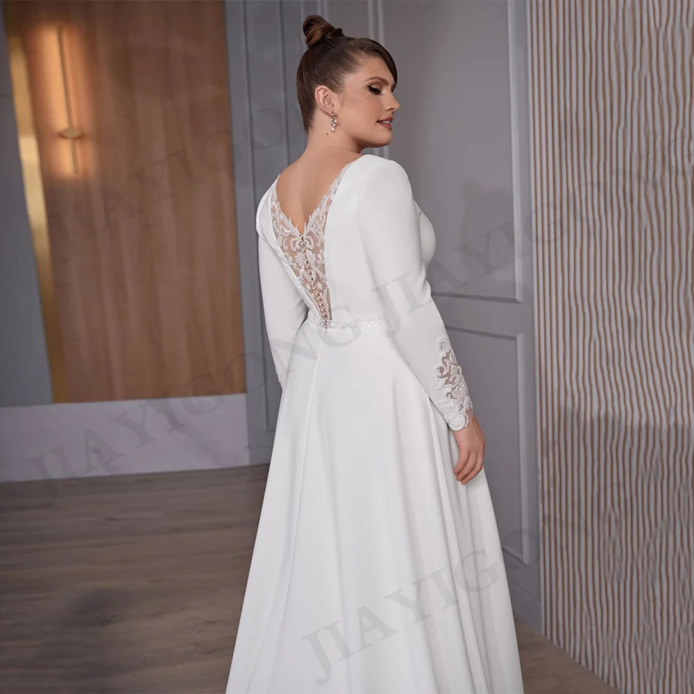 Fashion Wedding Dress Jiayigong V Neck Sequin Applique Long Sleeves Sweep Train A Line Jersey Stretch Modern Bridal Gown Custom