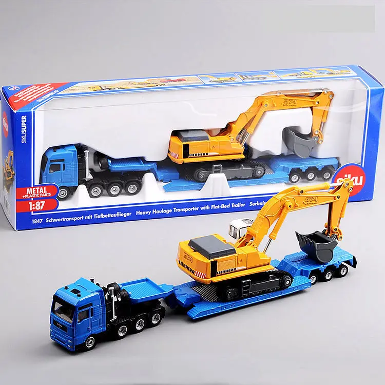 Diecast 1/87 Scale SIKU 1847 Flatbed Trailer Excavator Engineering Alloy Car Toys Collection Souvenir Display