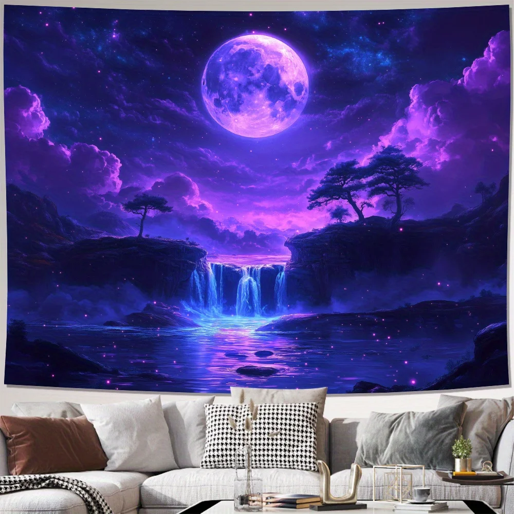 1pc Cosmic Moon and Stars Tapestry - Vibrant Purple Night Sky with Full Moon, Waterfall, and Magical Orbs - Polyester Wall