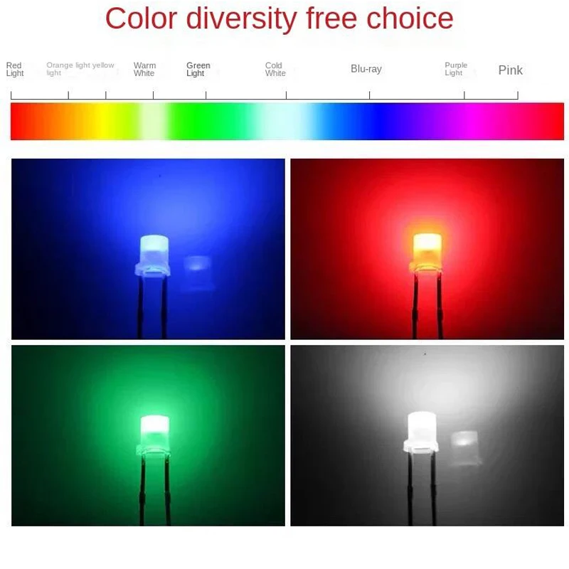 100pcs 5mm Flat Top White Red Yellow Blue Green Assorted Kit Lamp Diode LED Ultra Bright Bulbs Emitting Diodes F5 5 mm DIY Light