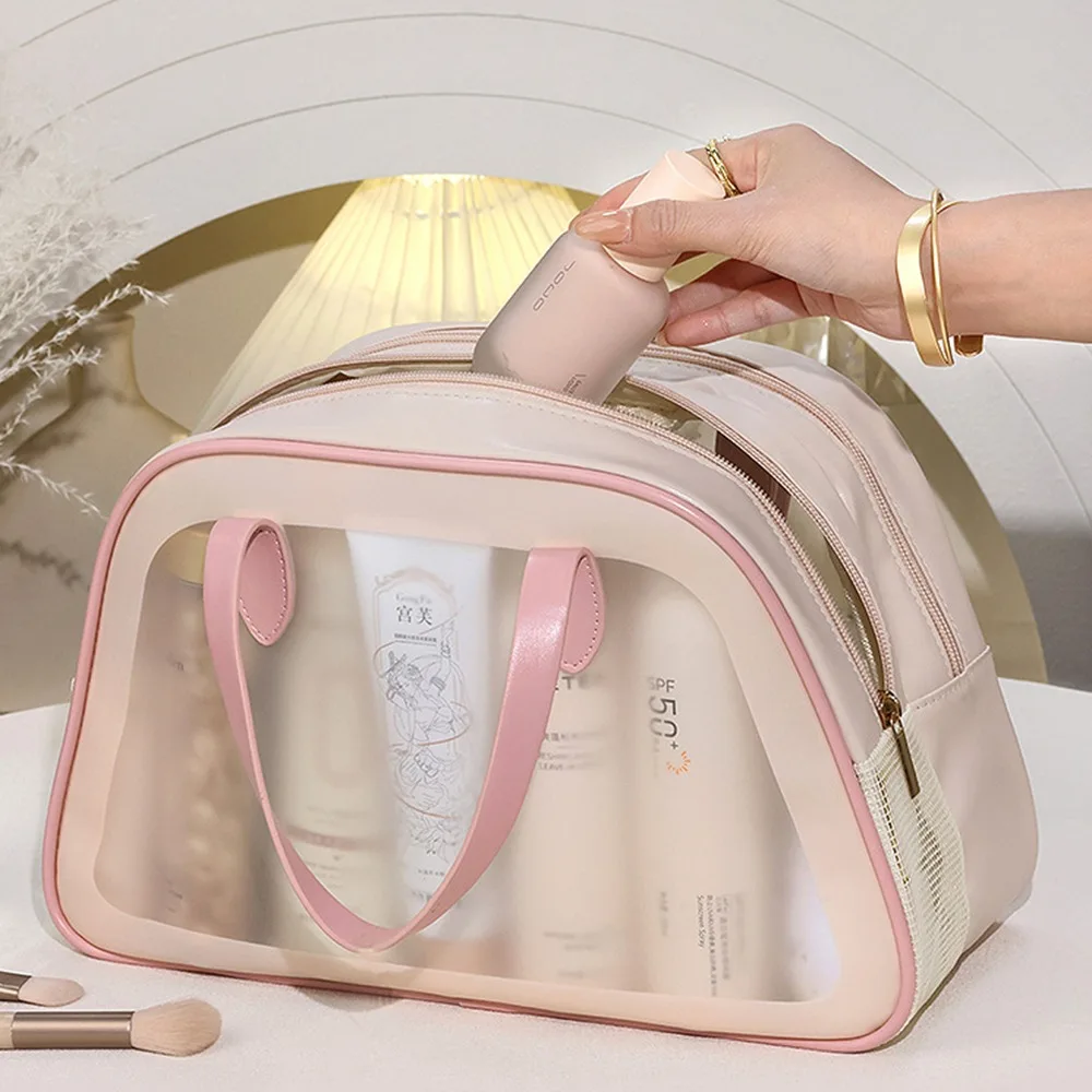 حقيبة غسيل مقاومة للماء للسفر، حقيبة أدوات الزينة شفافة ذات سعة كبيرة، منظم مكياج PVC بطبقة مزدوجة، حقيبة تخزين المكياج للسفر