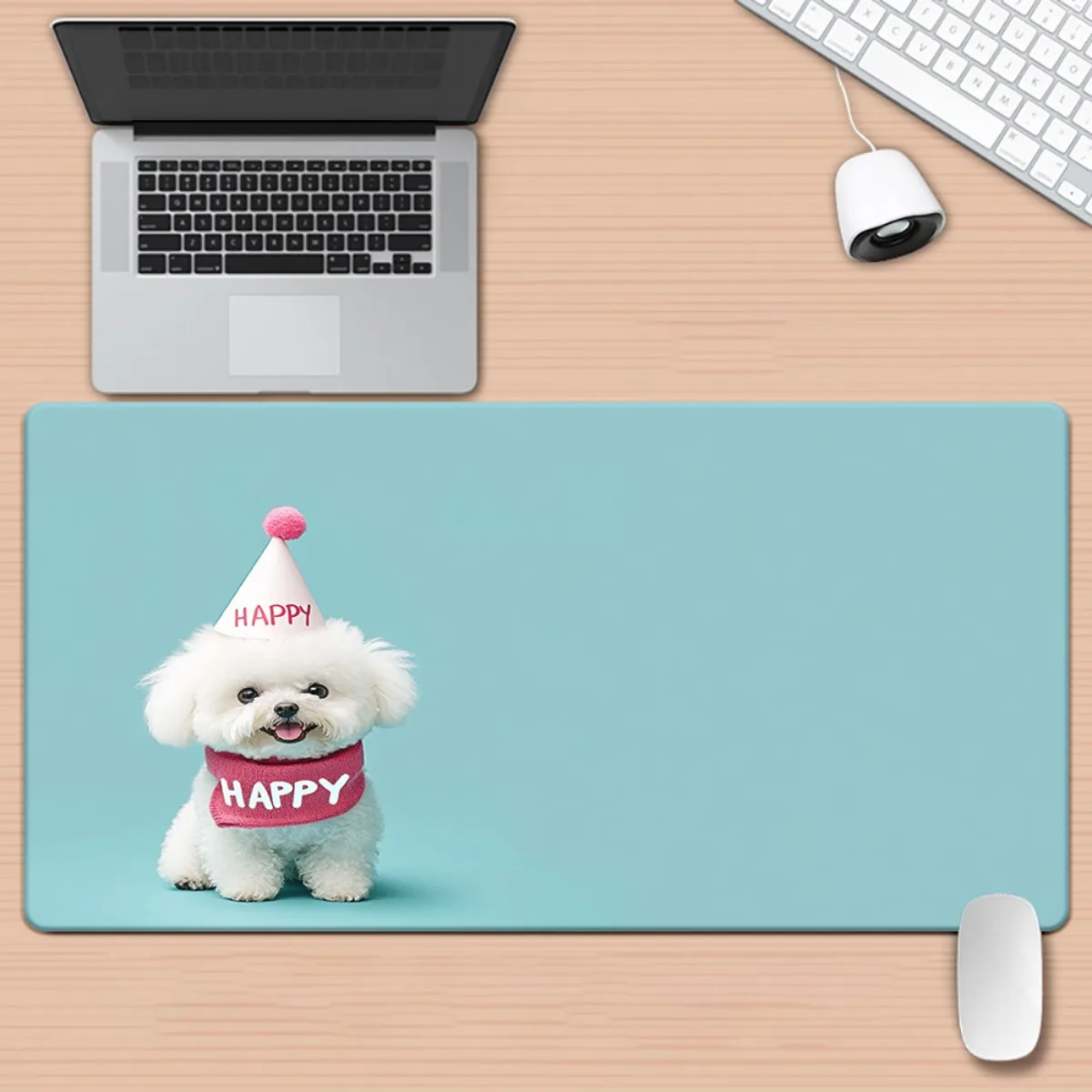 Happy Dog Birthday Party Hat Cute Animal XXL Mousepad Rubber Gaming Keyboard Desk Mat for Office PC