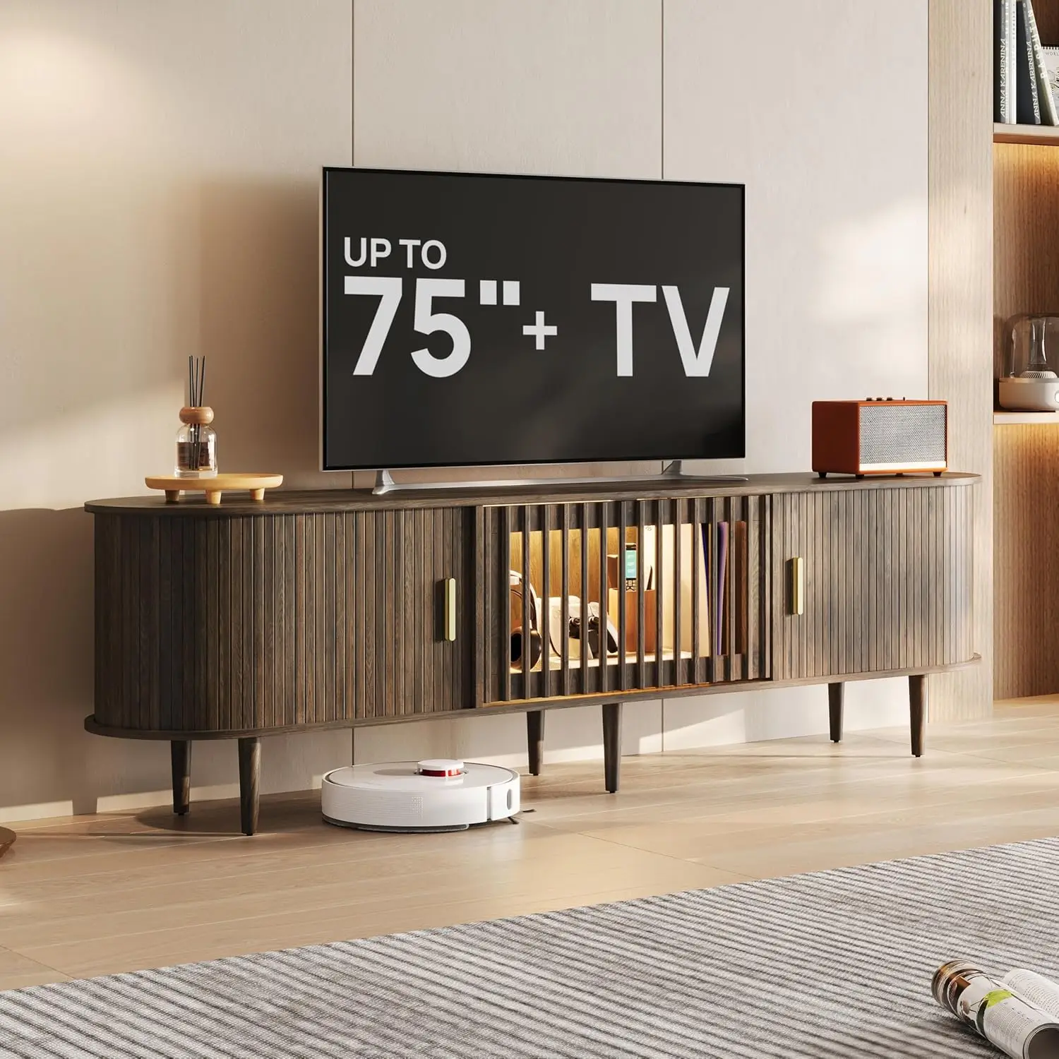 

Тумба под телевизор в стиле Mid-Century Modern, 70 дюймов, с рифленой отделкой, для телевизоров до 75 дюймов, раздвижные двери-жалюзи, развлекательный центр с хранением и LED-подсветкой, C