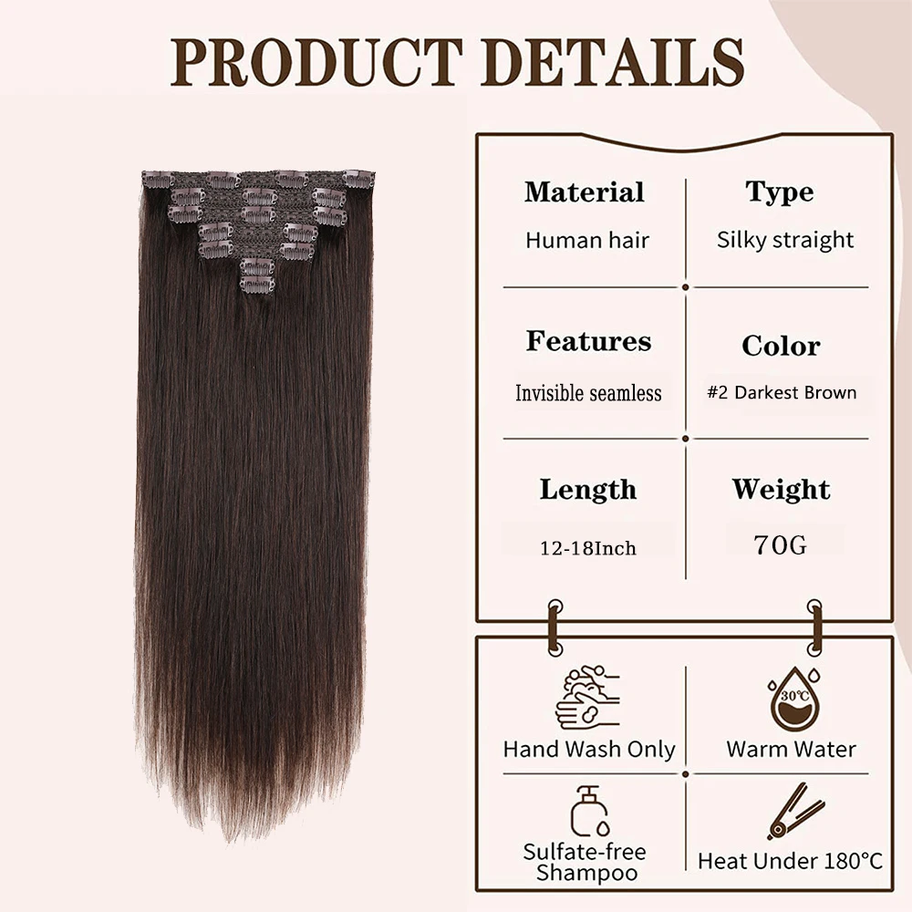 Natural Remy extensões de cabelo, 100% cabelo humano real, suave sem emaranhamento, marrom escuro, clipe no cabelo, 7PCs