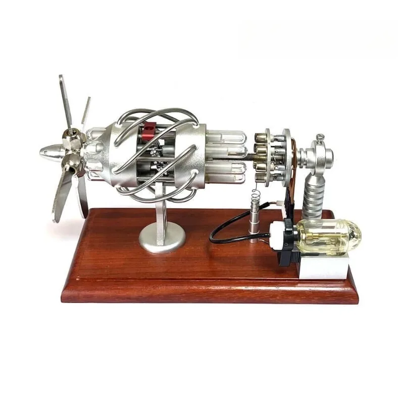 

Fuel-burning 16-cylinder swashplate Stirling engine model can be started