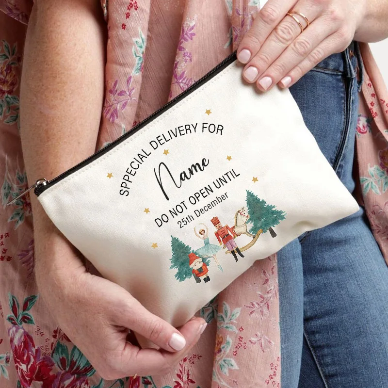 Personalized Christmas Makeup Bag Nutcracker Soldier Canvas Zipper Pouch, Custom Name Special Delivery Cosmetic Bag Holiday Gift