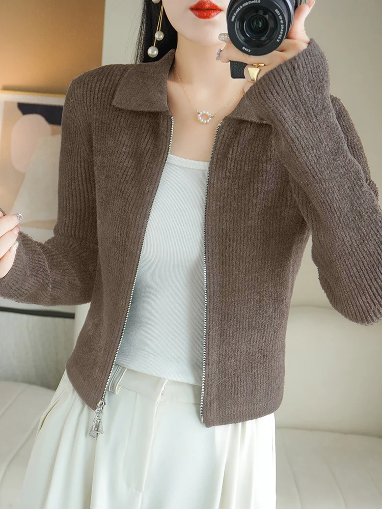 Women Autumn Winter Soft Wool Sweater Polo Collar Thicken Knitted Double Zipper Cardigan Basis ​Short Top Wool  Female Coat