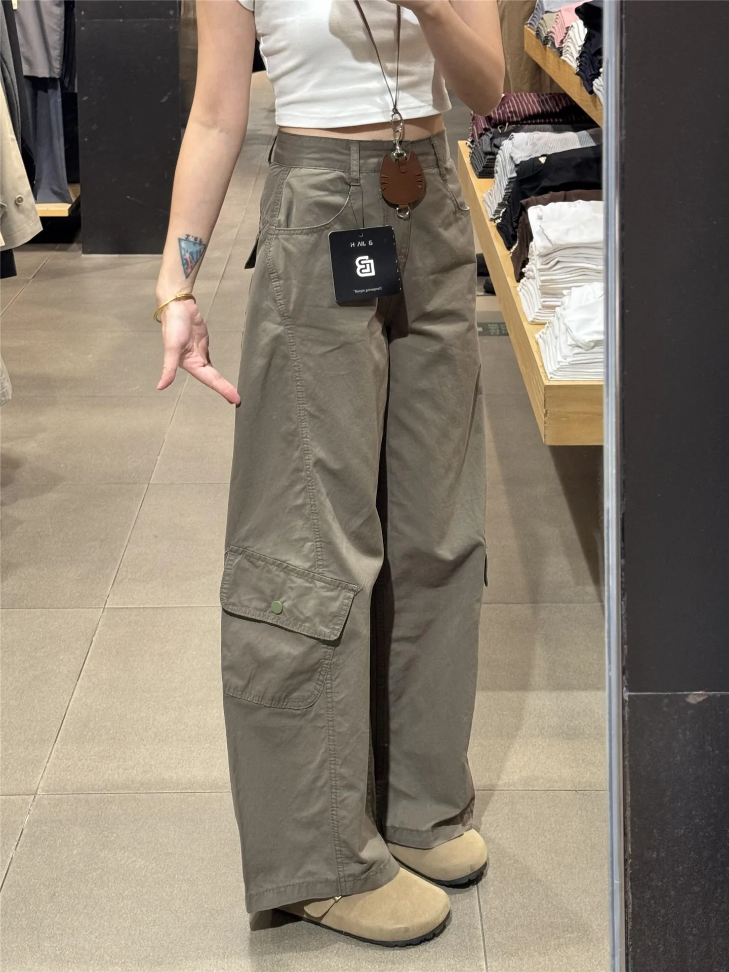 American Style Casual Pants Women's Loose Slimming Taller Extended Multi-Pocket Design Wide Leg Casual Pants Knife 