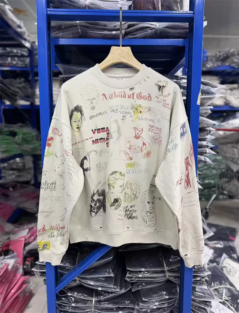 Heavy Fabric Pure Cotton Vintage Cement Gray Damaged Hole Crewneck Sweatshirts Men Women Character Pattern Graffiti Pullover