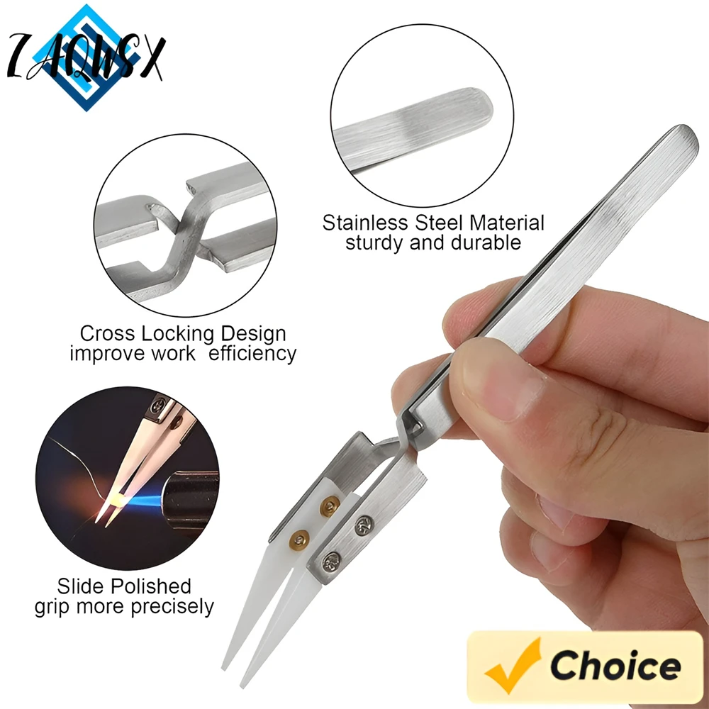 1/5pcs Ceramic Straight Tip Electronic Soldering Tweezers, Anti-Static Reverse Acid Resistant Precision Chuck Ceramic Tweezers