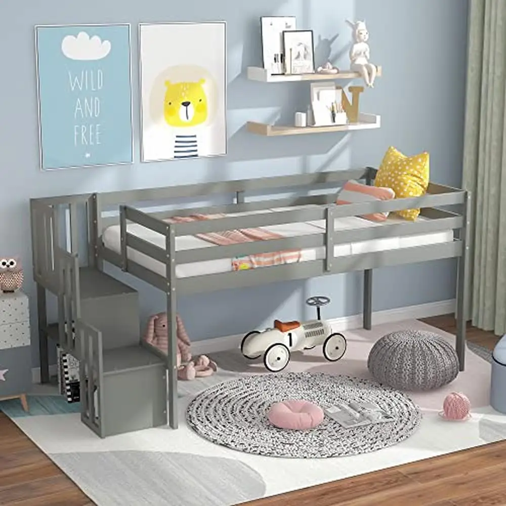 Twin Loft Bed with Storage Steps Sturdy Staircase Grey Spacious Underbed Space Easy Assembly Modern Design 250lb Capacity