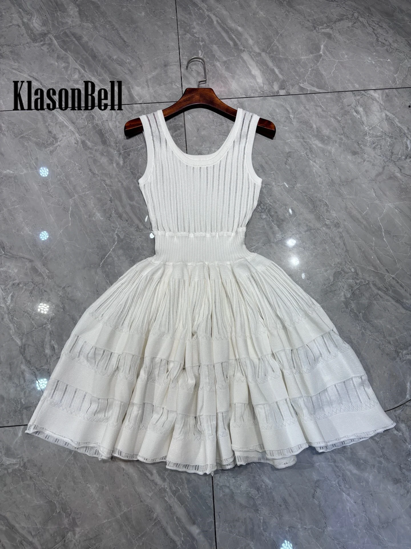 5.9 KlasonBell Sweet Ball Gown  Mini Knit Dress For Women Summer New U-Neck Sheer Spliced Collect Waist Tank Dress Beltless