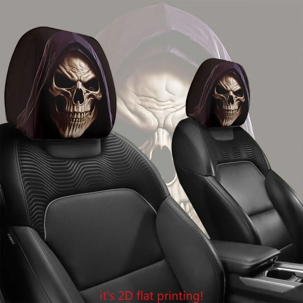 2pcs Dark Skull Reaper Printed Car Headrest Covers | 100% Polyester, Universal Fit, Easy Install & Washable | Funny Auto Decor |