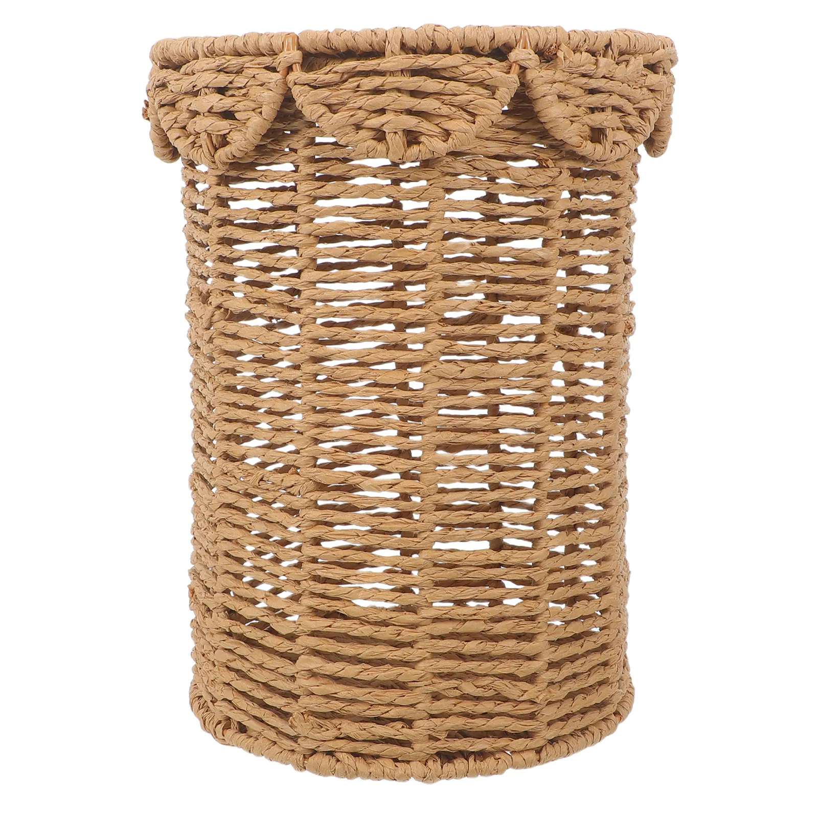 

Round Woven Paper Rope Trash Bin Lid Khaki Handwoven Storage Basket 10.43x7.87inch Nordic Style Indoor Garbage Can Hotel Home