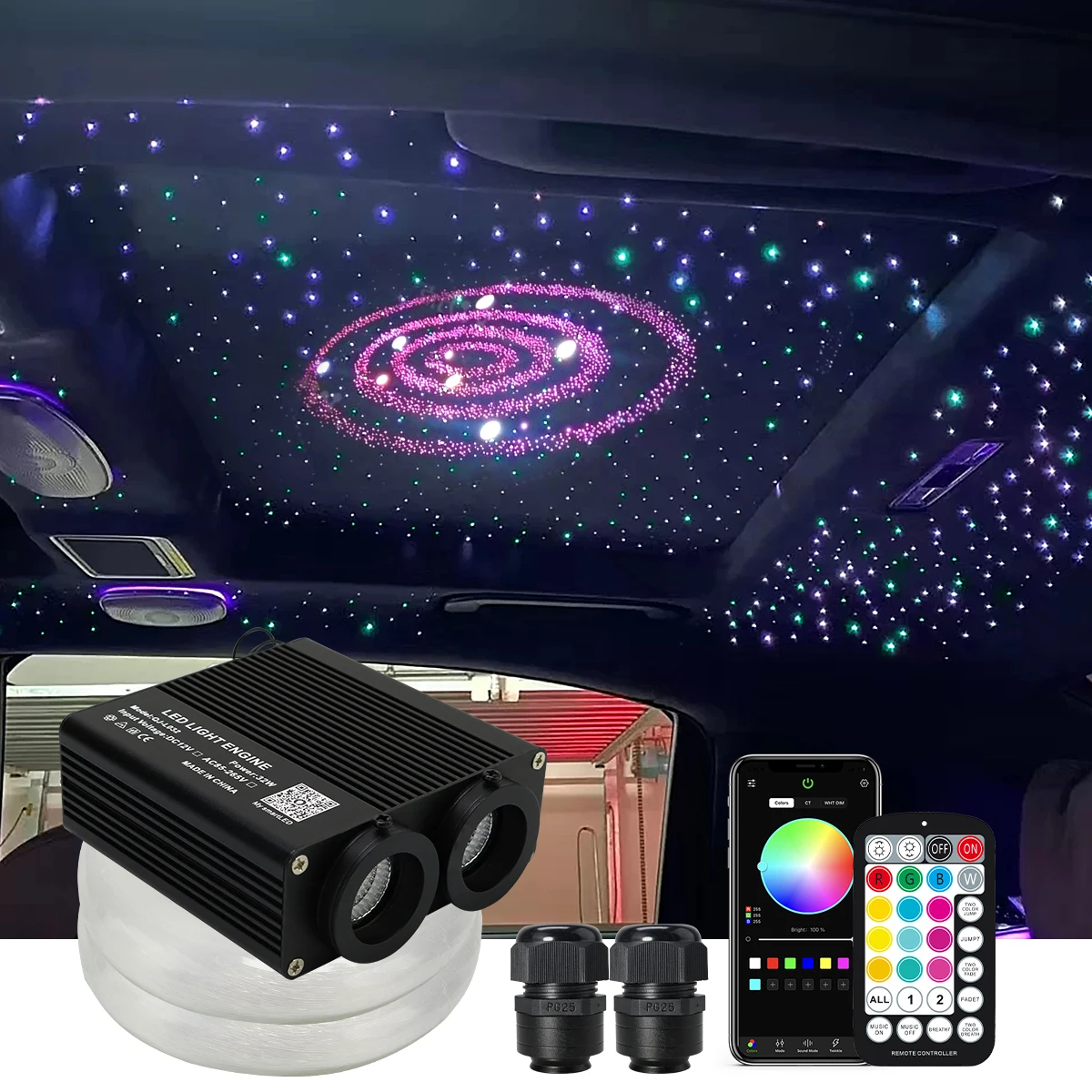 32W Double Head RGBWCar Starry Sky Music Control Car Roof Star Fiber Optic Star Ceiling Kit Smart APP Twinkle Fiber Optic Light
