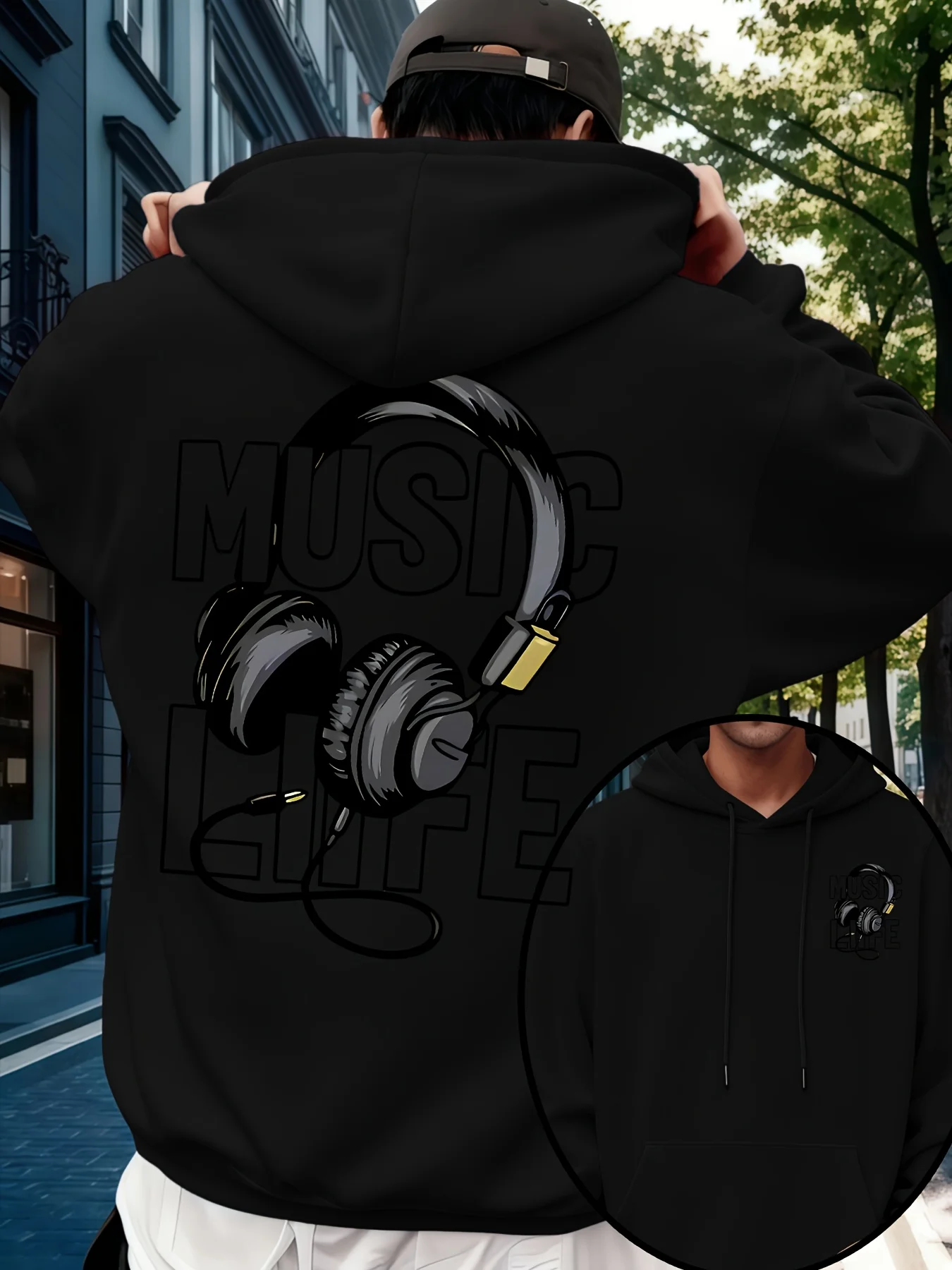 Herren-Musik-Hoodie 100% Baumwolle Kopfhörer-Grafik-Druck Streetwear Oversized Casual Pullover Sweatshirt Herbst Winter – Detail 5