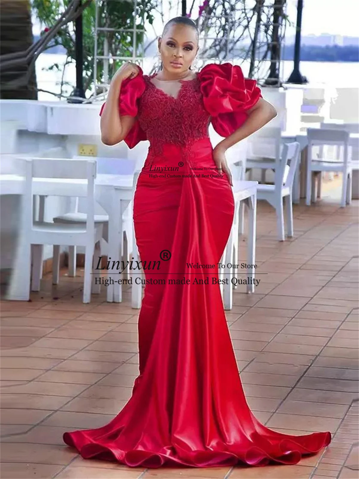 African Mermaid Prom Dresses 2022 Women Plus Size Red Evening Gowns With Puffy Sleeves Lace Appliques Long Formal Party Dress