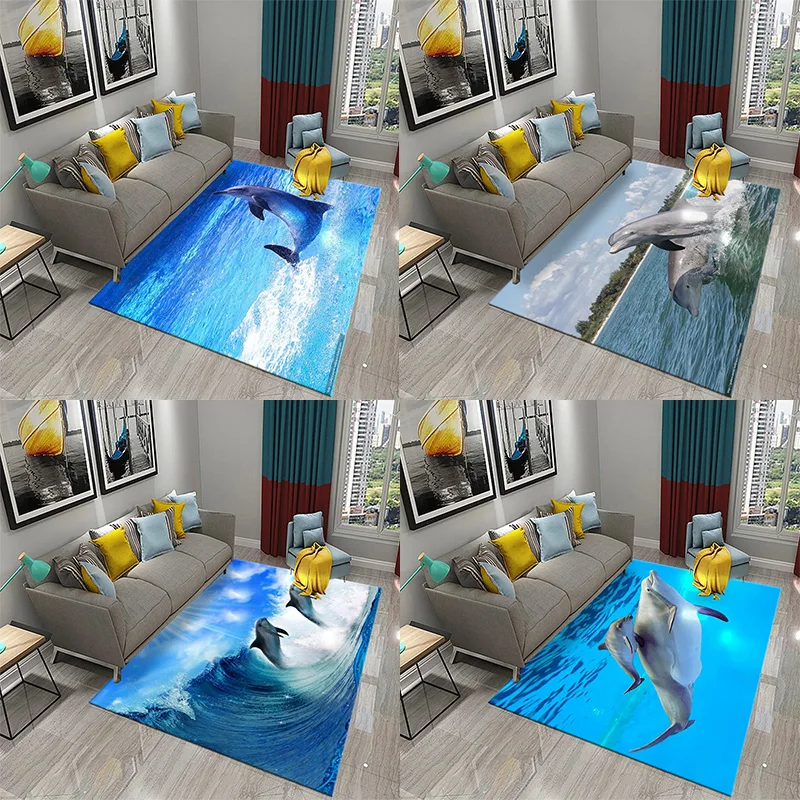 

Blue Dolphin Rug With Ocean Animal Theme, Non-Slip Absorbent, Living Room Bedroom Bathroom Sofa Mat