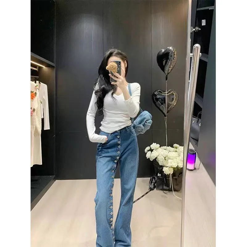 European and American Fashion Single-Breasted Wide-Leg Jeans Women's Autumn and Winter High Street Straight-Leg Pants