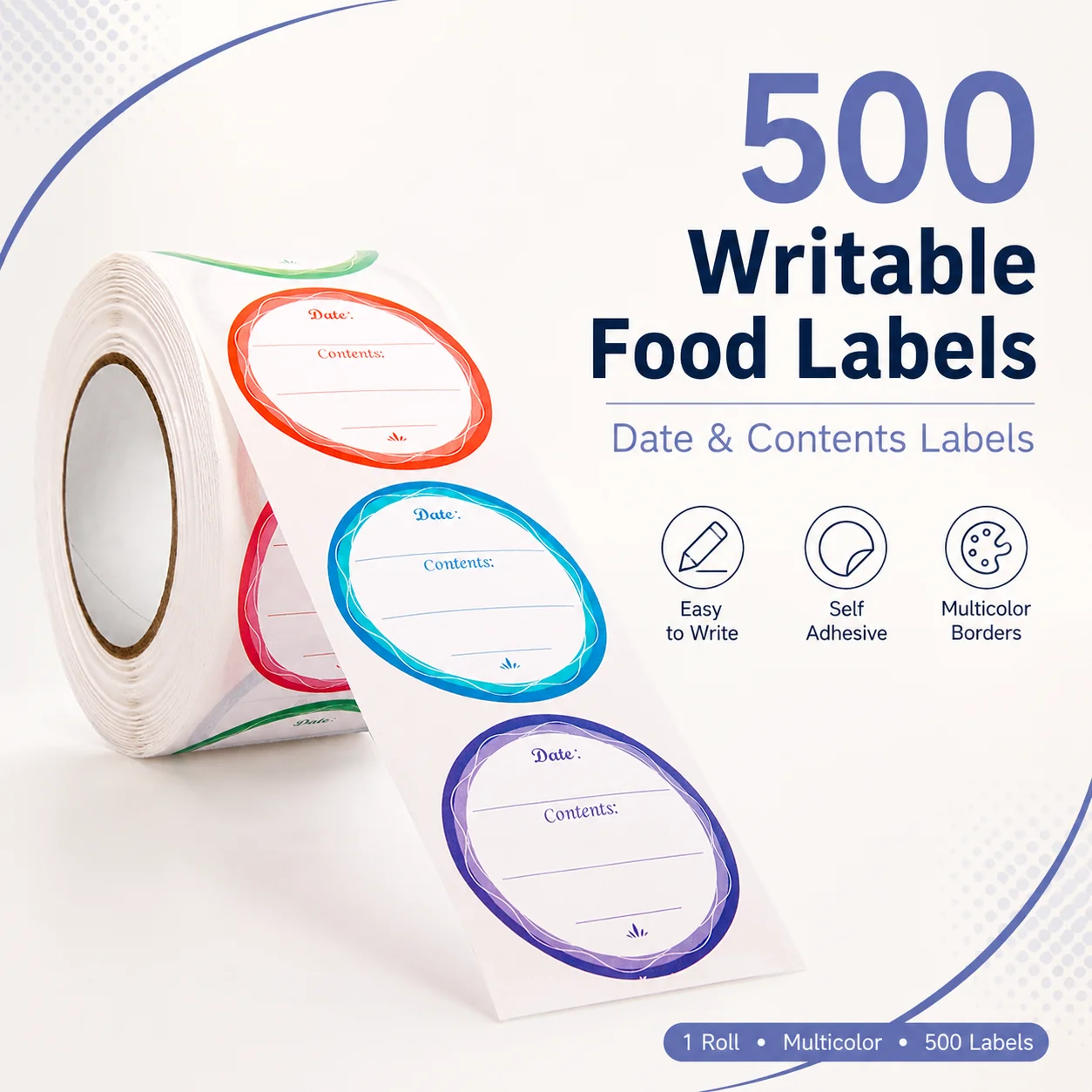 500Pcs/Roll Round Self‑Adhesive Freezer Labels, Multicolor Decorative Border, Writable Date & Contents Marking Stickers